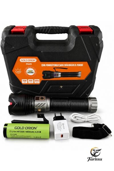 R648 Ultra Güçlü El Feneri 200W 6000 Lümen (3 KM Menzil - 5 Işık Modlu Çantalı Set)
