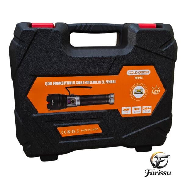 R648 Ultra Güçlü El Feneri 200W 6000 Lümen (3 KM Menzil - 5 Işık Modlu Çantalı Set)
