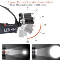 3xT6 Şarjlı Kafa Feneri | 3 LED | 6800mAh 2 Adet 18650 Pil | Su Geçirmez | Araba & Prizden Şarj | Kamp Av Farı