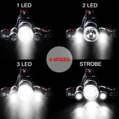 3xT6 Şarjlı Kafa Feneri | 3 LED | 6800mAh 2 Adet 18650 Pil | Su Geçirmez | Araba & Prizden Şarj | Kamp Av Farı