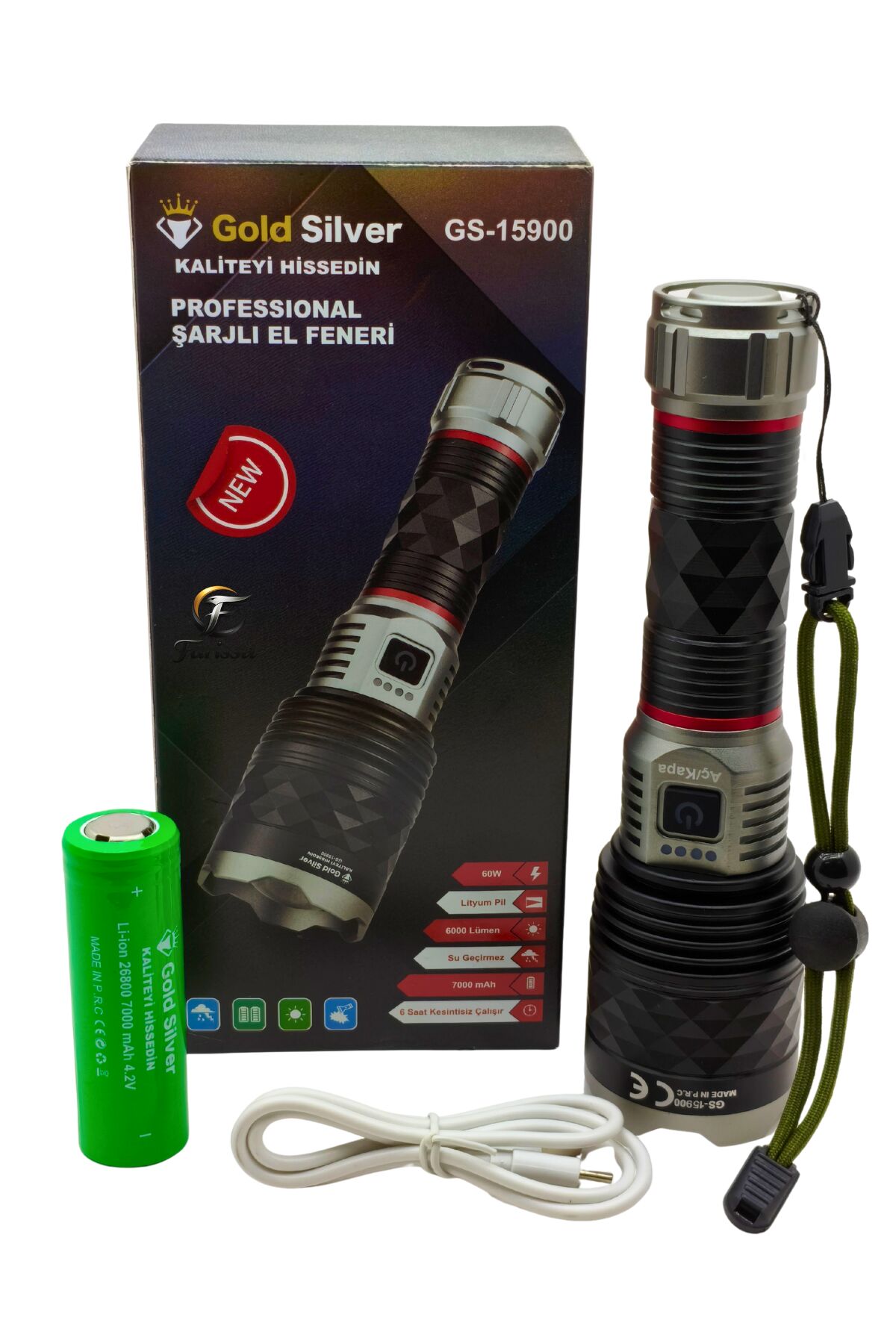 Gold Silver GS-15900 Profesyonel Şarjlı El Feneri 60W 6000 Lümen - 7000 mAh Zoomlu El Feneri