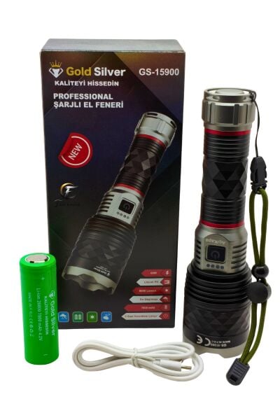 Gold Silver GS-15900 Profesyonel Şarjlı El Feneri 60W 6000 Lümen - 7000 mAh Zoomlu El Feneri