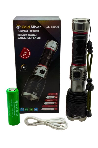 Gold Silver GS-15900 Profesyonel Şarjlı El Feneri 60W 6000 Lümen - 7000 mAh Zoomlu El Feneri
