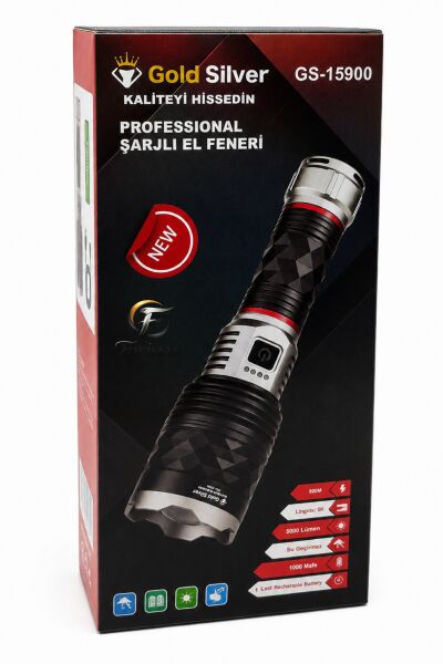Gold Silver GS-15900 Profesyonel Şarjlı El Feneri 60W 6000 Lümen - 7000 mAh Zoomlu El Feneri