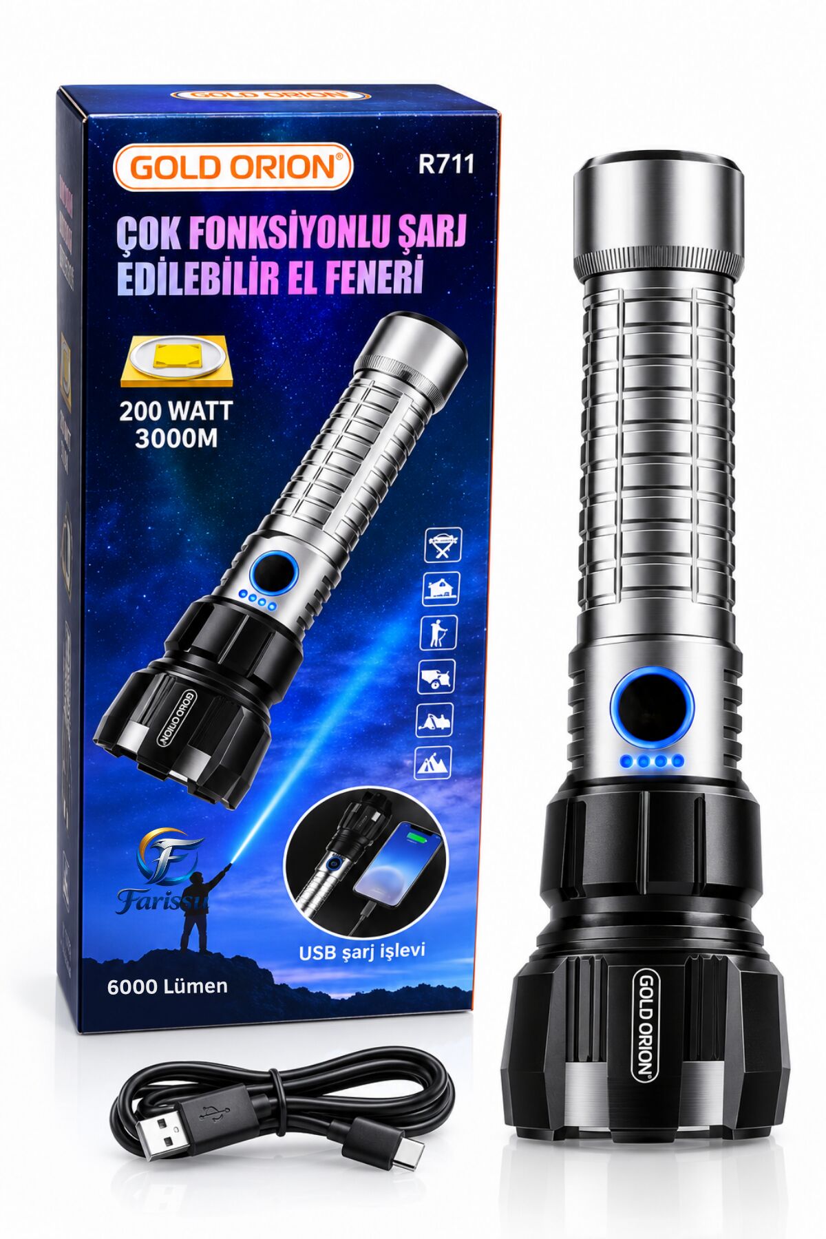 Gold Orion R711 Çok Fonksiyonlu El Feneri 6000 Lümen (Şarj Edilebilir, USB Çıkışlı)