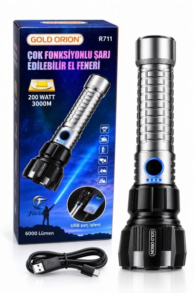 Gold Orion R711 Çok Fonksiyonlu El Feneri 6000 Lümen (Şarj Edilebilir, USB Çıkışlı)