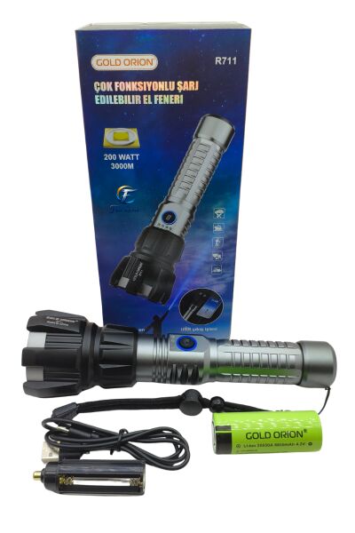 Gold Orion R711 Çok Fonksiyonlu El Feneri 6000 Lümen (Şarj Edilebilir, USB Çıkışlı)