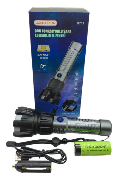 Gold Orion R711 Çok Fonksiyonlu El Feneri 6000 Lümen (Şarj Edilebilir, USB Çıkışlı)