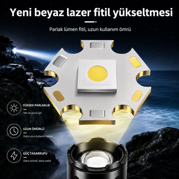 Q-MAX PS-2306C Yüksek Performanslı Beyaz Lazer LED ve COB Yan Işıklı Taktik El Feneri