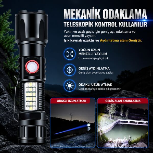 Q-MAX PS-2306C Yüksek Performanslı Beyaz Lazer LED ve COB Yan Işıklı Taktik El Feneri