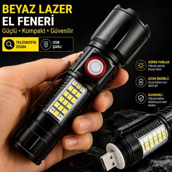Q-MAX PS-2306C Yüksek Performanslı Beyaz Lazer LED ve COB Yan Işıklı Taktik El Feneri