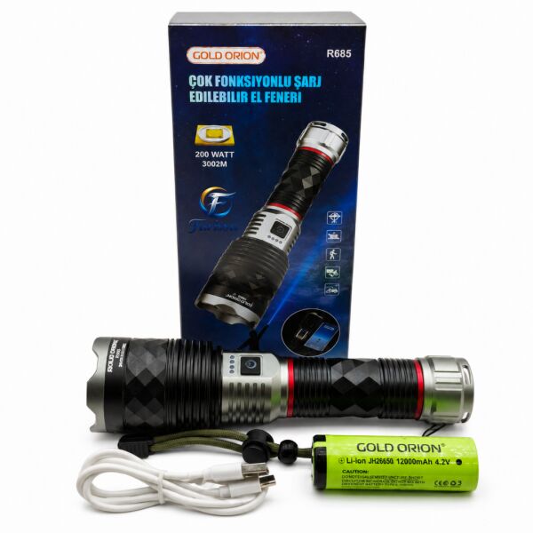 Gold Orion R685 Profesyonel Şarjlı El Feneri - 3000 Metre Menzil, 6000 Lümen, 10000 mAh Pilli