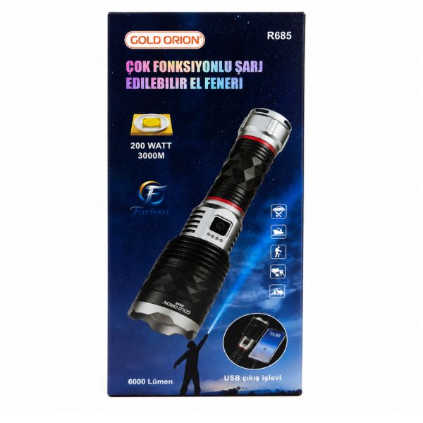 Gold Orion R685 Profesyonel Şarjlı El Feneri - 3000 Metre Menzil, 6000 Lümen, 10000 mAh Pilli