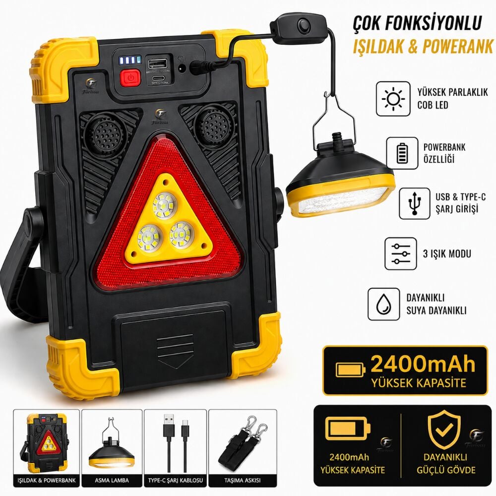 HB-7139 Solar Şarjlı Çok Fonksiyonlu Işıldak – 2400 mAh Powerbank, Harici Asma Lamba, Sesli Uyarı
