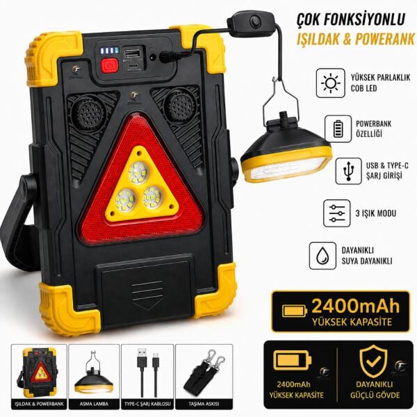 HB-7139 Solar Şarjlı Çok Fonksiyonlu Işıldak – 2400 mAh Powerbank, Harici Asma Lamba, Sesli Uyarı