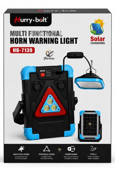 HB-7139 Solar Şarjlı Çok Fonksiyonlu Işıldak – 2400 mAh Powerbank, Harici Asma Lamba, Sesli Uyarı