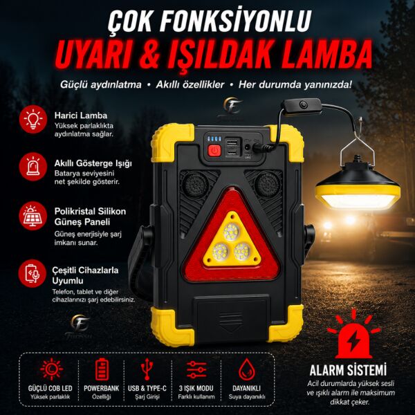 HB-7139 Solar Şarjlı Çok Fonksiyonlu Işıldak – 2400 mAh Powerbank, Harici Asma Lamba, Sesli Uyarı