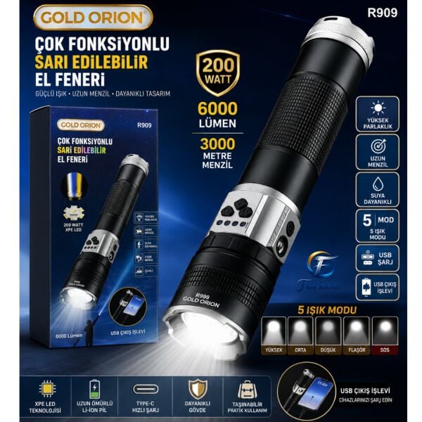 R909 Profesyonel Şarjlı El Feneri | 6000 Lümen, 3000m Menzil, 18000mAh Powerbank, 3 Renkli Işık