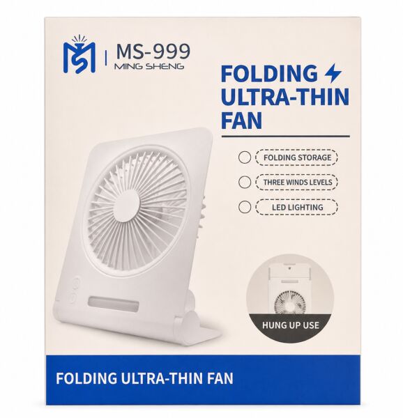 MS-999 Katlanabilir Ultra İnce Şarjlı Masa & Duvar Vantilatörü (LED Işıklı)