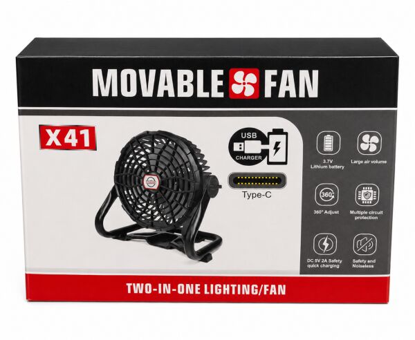 MS41X ARAÇ FANI - 2’si 1 Arada Şarjlı Kamp Vantilatörü & LED Aydınlatma – Güçlü Hava Akışı, 360° Ayarlanabilir, Kademesiz Hız