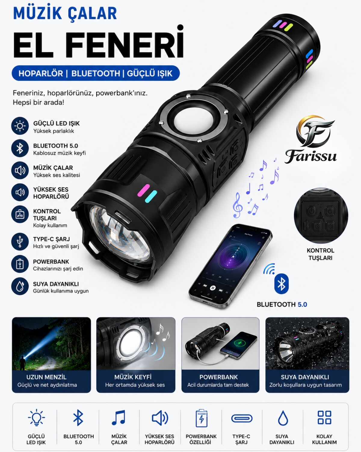 50W 5000 Lümen Bluetooth Hoparlörlü Şarjlı El Feneri – 5400 mAh Powerbank, 1 KM Menzil,  Kamp Feneri