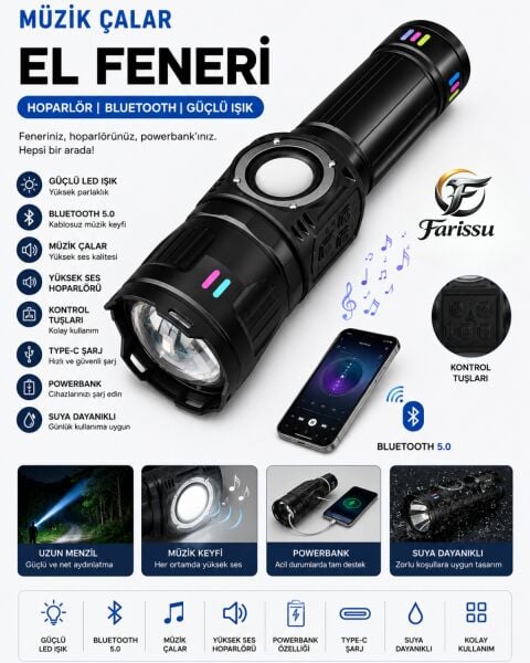 50W 5000 Lümen Bluetooth Hoparlörlü Şarjlı El Feneri – 5400 mAh Powerbank, 1 KM Menzil,  Kamp Feneri