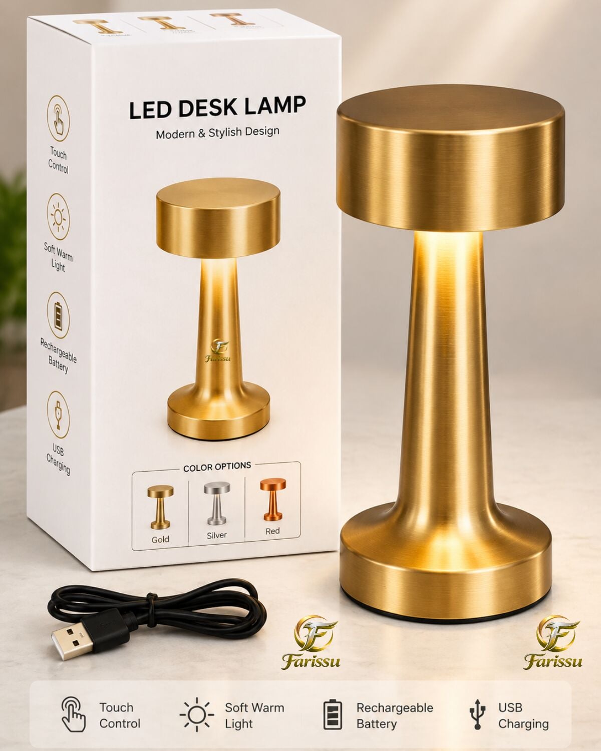 OR511 Dokunmatik Şarjlı Masa Lambası – 3 Işık Modlu, Dimmerli, USB Şarjlı LED Masa ve Gece Lambası