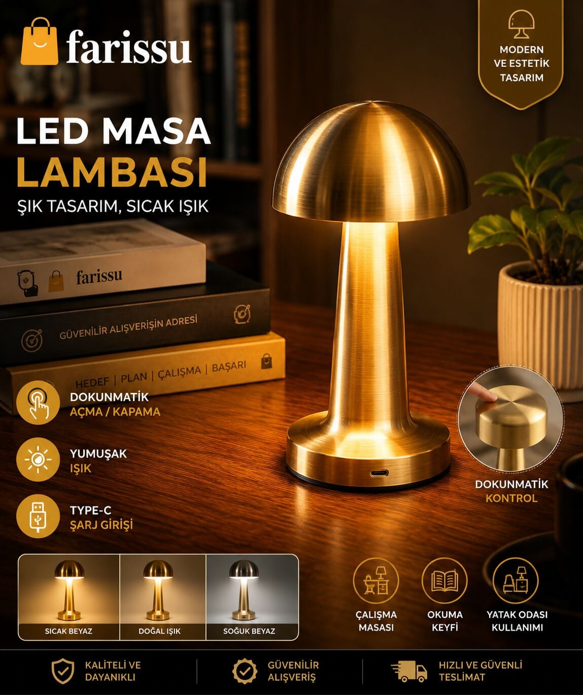 Şarj Edilebilir Dokunmatik LED Mantar Masa Lambası (çok renkli)