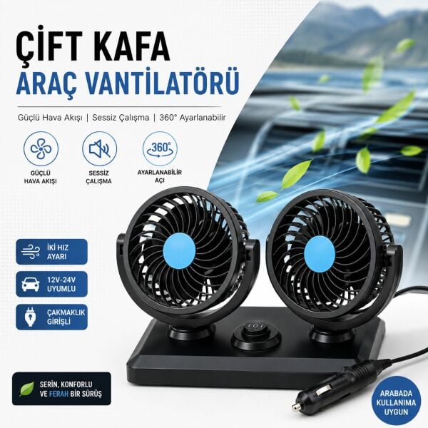 Çift Başlıklı 360° Dönebilen Araç İçi Vantilatör – 12V/24V Uyumlu Sessiz Çakmaklık Fanı (2 Kademeli)