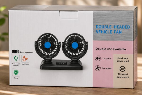 Çift Başlıklı 360° Dönebilen Araç İçi Vantilatör – 12V/24V Uyumlu Sessiz Çakmaklık Fanı (2 Kademeli)