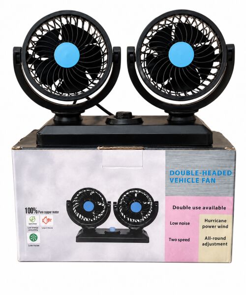 Çift Başlıklı 360° Dönebilen Araç İçi Vantilatör – 12V/24V Uyumlu Sessiz Çakmaklık Fanı (2 Kademeli)