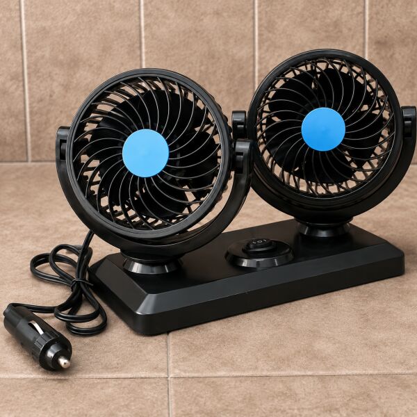 Çift Başlıklı 360° Dönebilen Araç İçi Vantilatör – 12V/24V Uyumlu Sessiz Çakmaklık Fanı (2 Kademeli)