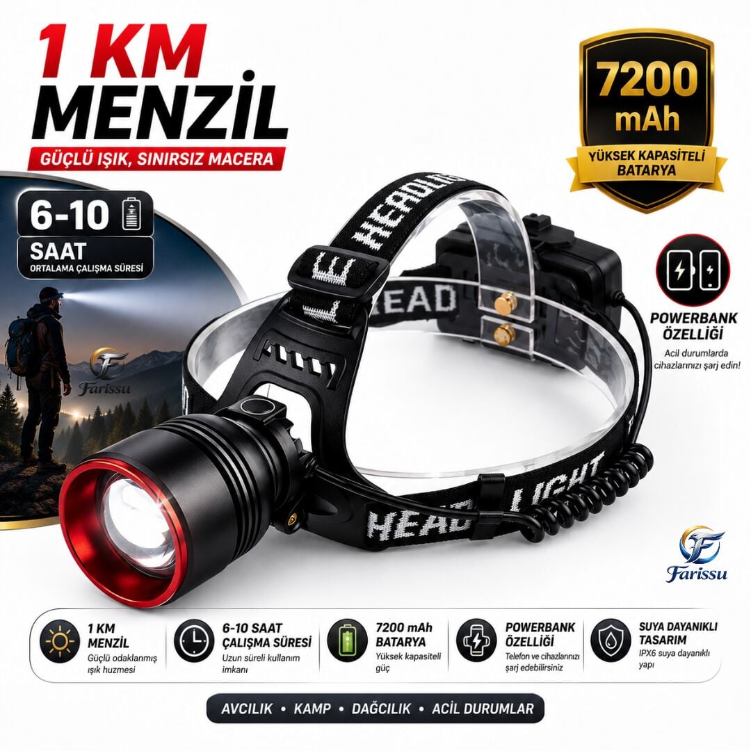 30W 3000 Lümen Zoomlu Şarjlı Kafa Feneri - 7200 mAh Yüksek Kapasite - Hareket Sensörlü