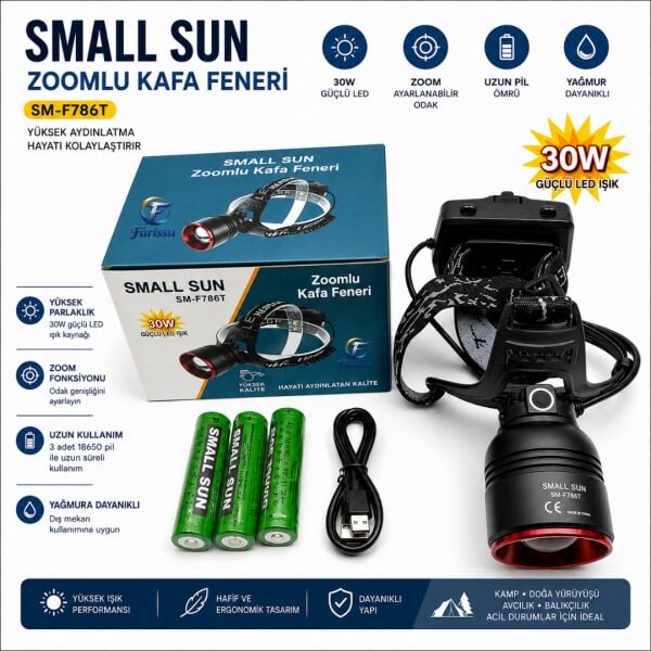 30W 3000 Lümen Zoomlu Şarjlı Kafa Feneri - 7200 mAh Yüksek Kapasite - Hareket Sensörlü