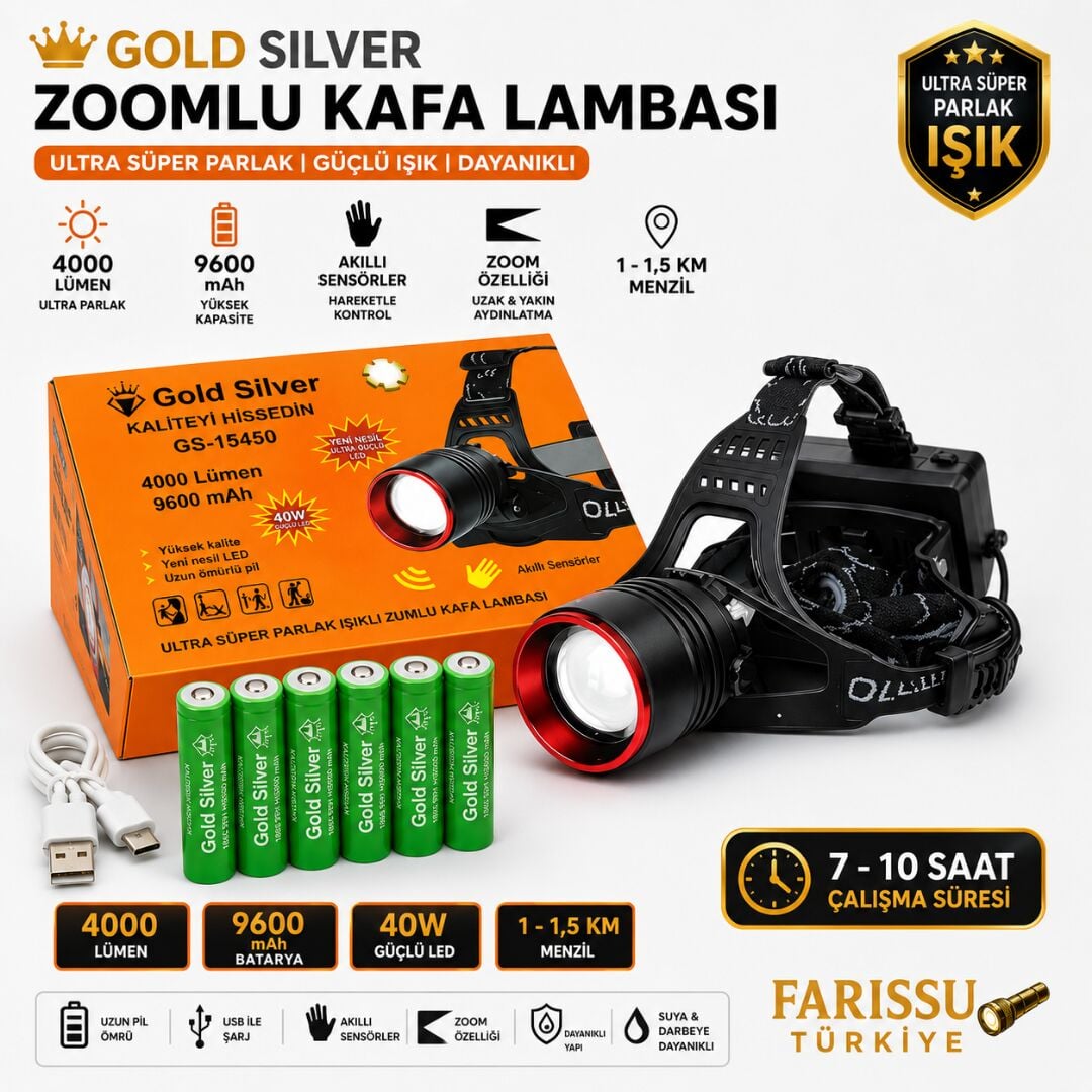 Gold Silver GS-15450 Ultra Parlak 4000 Lümen Zoomlu Sensörlü Kafa Lambas Yedek Pilli