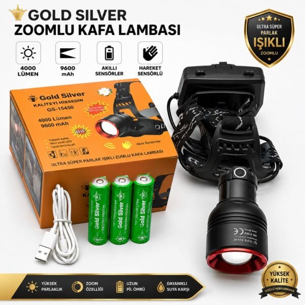 Gold Silver GS-15450 Ultra Parlak 4000 Lümen Zoomlu Sensörlü Kafa Lambas Yedek Pilli