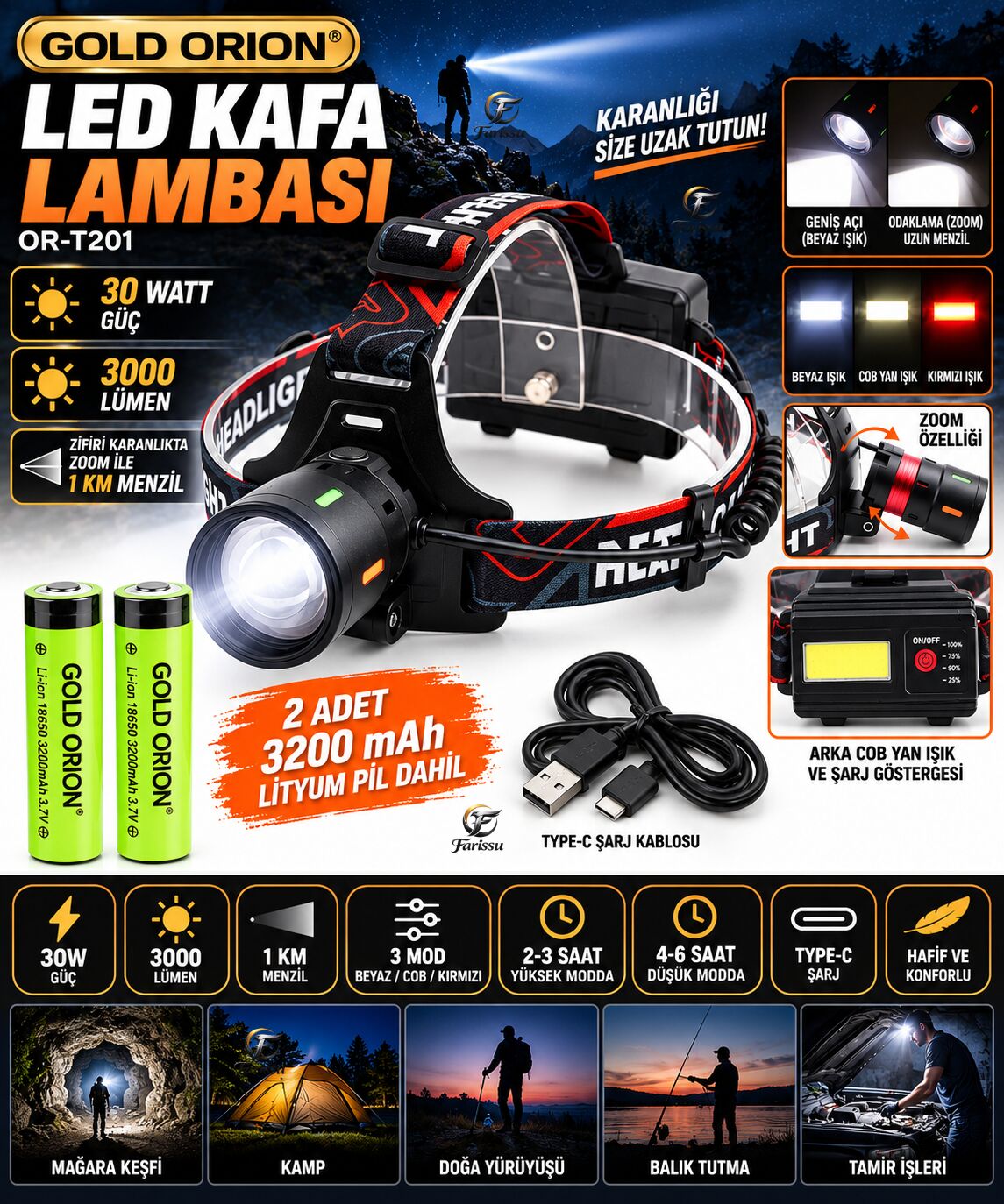 Gold Orion OR-T201 Profesyonel 30W 3000 Lümen 1 KM Menzilli Zoomlu Şarjlı Kafa Lambası - 6400 mAh