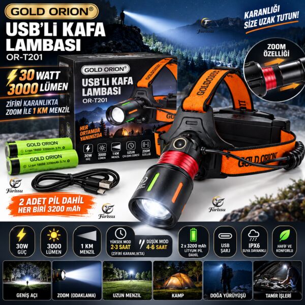 Gold Orion OR-T201 Profesyonel 30W 3000 Lümen 1 KM Menzilli Zoomlu Şarjlı Kafa Lambası - 6400 mAh