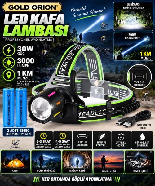 Yüksek Performanslı 30W Şarj Edilebilir LED Kafa Lambası