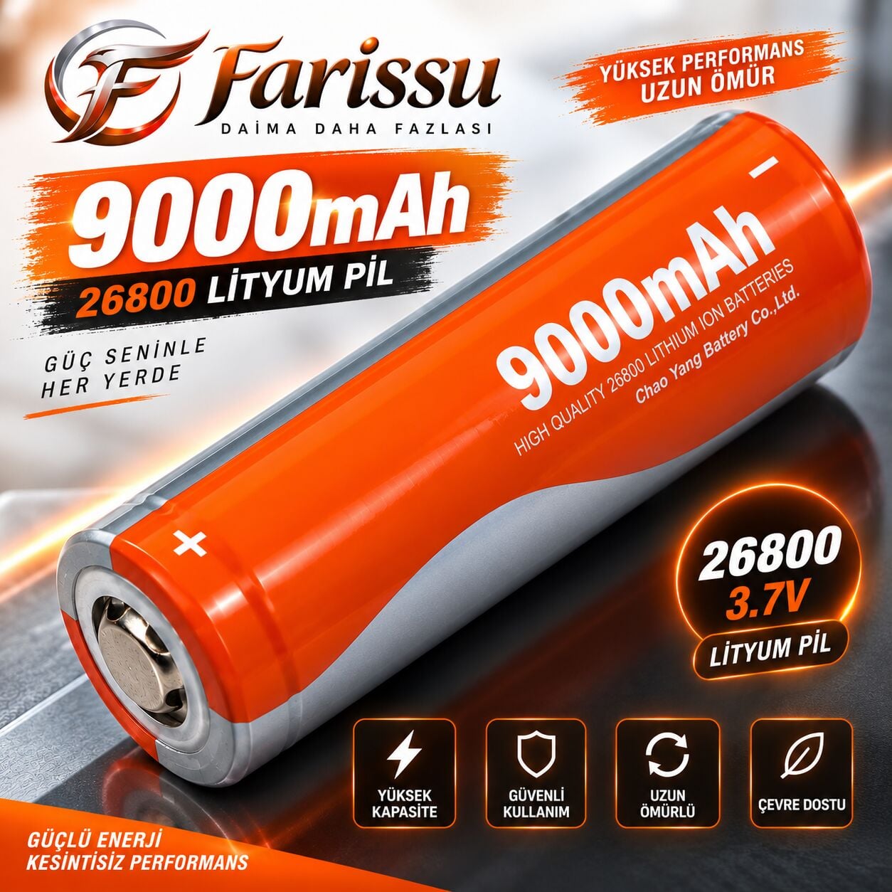 Farissu 3.7V 9000 mAh Şarj Edilebilir Li-ion (Lityum-İyon) Pil