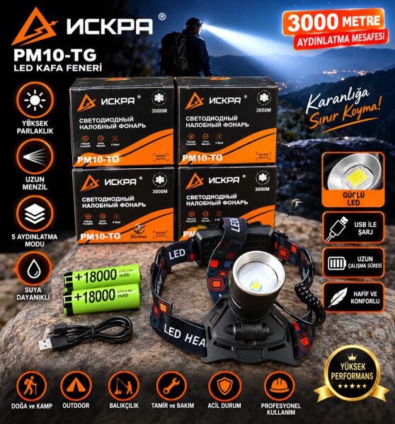 IR-013-2 Profesyonel Şarjlı Kafa Lambası - Yedek Bataryalı (2x 18650 Pil), 40W 4000 Lümen 3 KM Menzilli