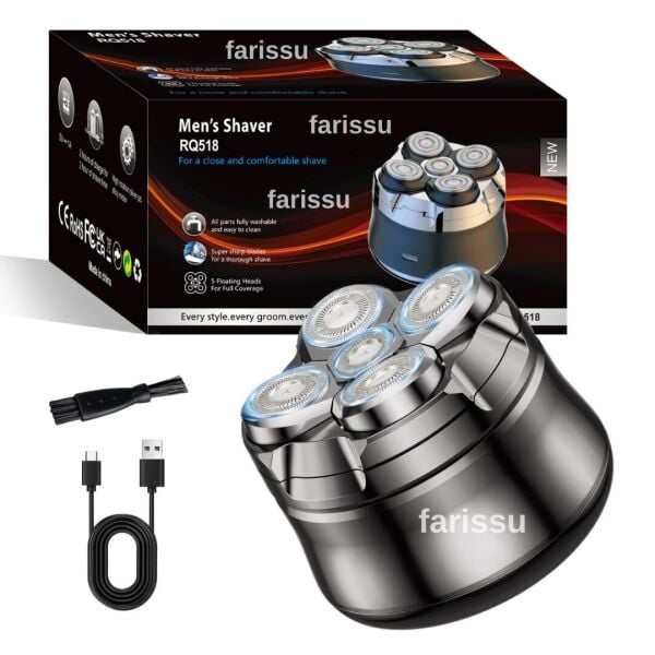 Kel Kafa Tıraş Makinesi RQ518 – Günlük, Sakal ve Baş Tıraşı İçin, 5 Başlıklı, USB Şarjlı, Su Geçirmez
