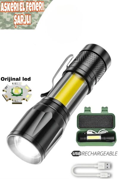 Paslanmaz Sert ABS Plastik Şarjlı El Feneri | Zoomlu COB LED | 400mAh USB Kamp & Deprem Feneri 1 adet