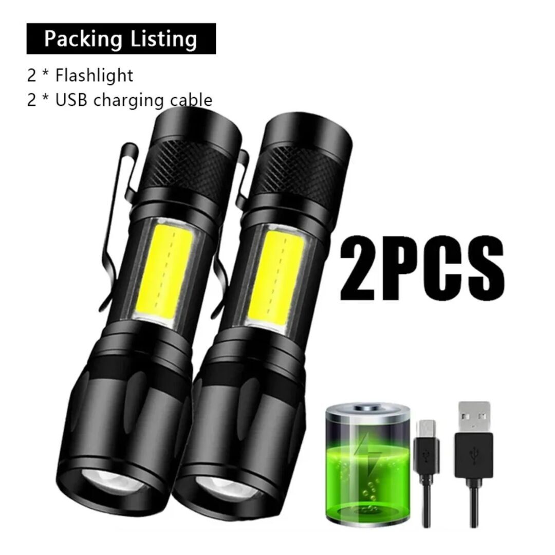 Paslanmaz Sert ABS Plastik Şarjlı El Feneri | Zoomlu COB LED | 400mAh USB Kamp & Deprem Feneri 9 adet