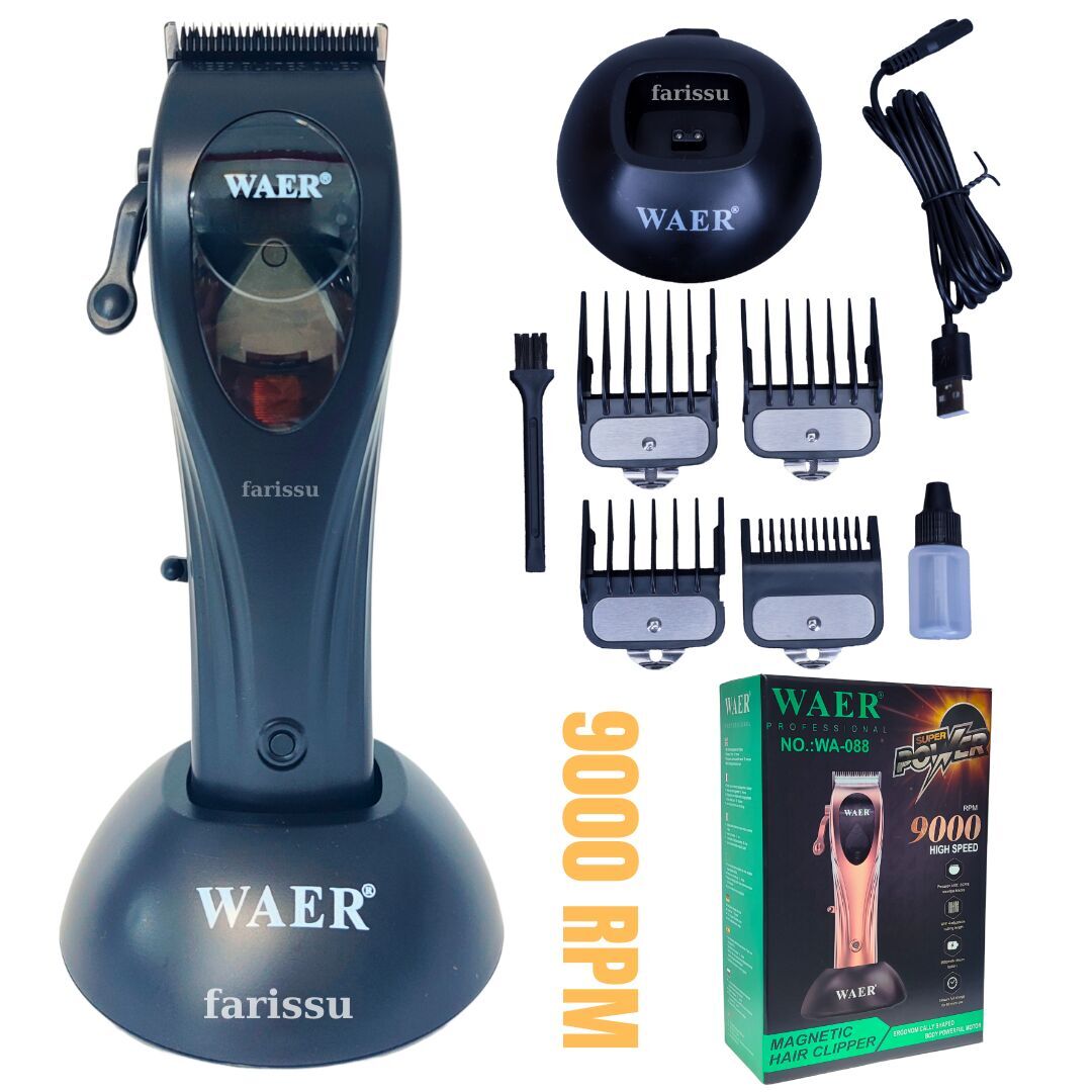 WA-088 9000 RPM Profesyonel Saç Kesme Makinesi | 2600mAh Batarya | 4 Taraklı | Şarj Standlı Siyah