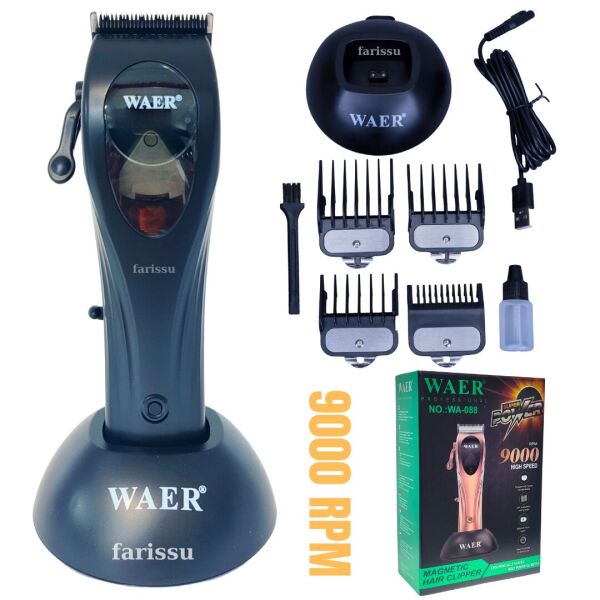 WA-088 9000 RPM Profesyonel Saç Kesme Makinesi | 2600mAh Batarya | 4 Taraklı | Şarj Standlı Siyah