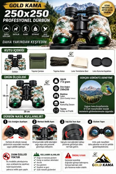 Gold Kama 250x250 Profesyonel Dürbün | 3-5 KM Uzak Mesafe Gözlem, Kamuflaj Tasarım, Taşıma Çantalı