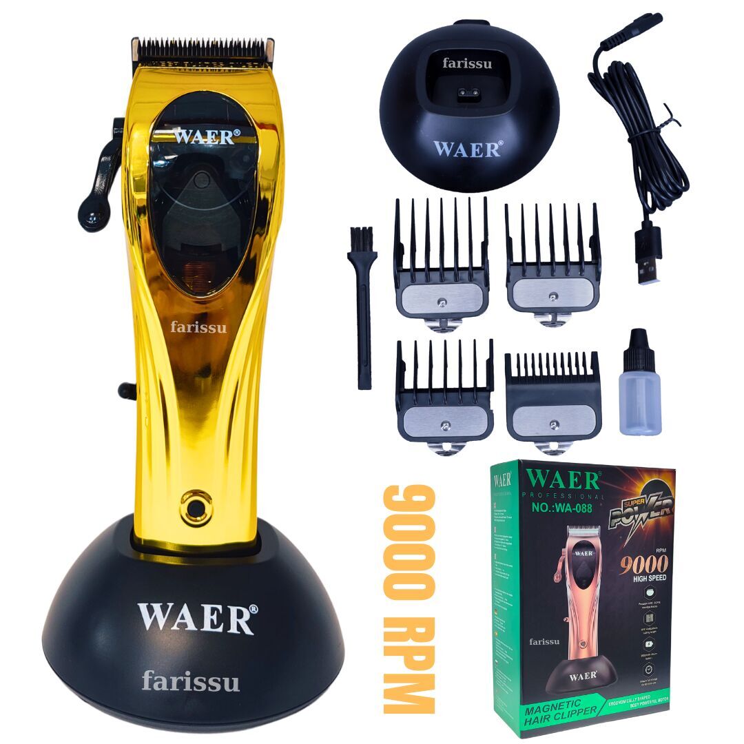 WA-088 9000 RPM Profesyonel Saç Kesme Makinesi | 2600mAh Batarya | 4 Taraklı | Şarj Standlı gold