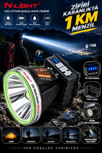 Şarjlı LED Kafa Feneri 1000m Uzun Menzilli Avcı Balıkçı Kamp Feneri - Çift Tuşlu, Type-C Şarj Göstergeli