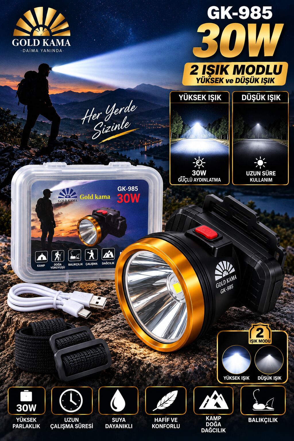 Gold Kama GK-985 Şarj Edilebilir 30W Yüksek Güçlü LED Kafa Lambası – Uzun Menzilli, Güçlü Aydınlatma ve Uzun Süreli Kullanım